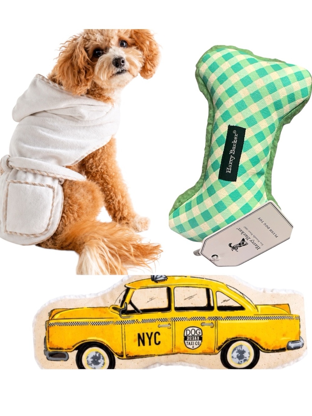 NWT Harry Barker Dog Spa Bundle Medium Robe Taxi Gingham Bone Toy Set